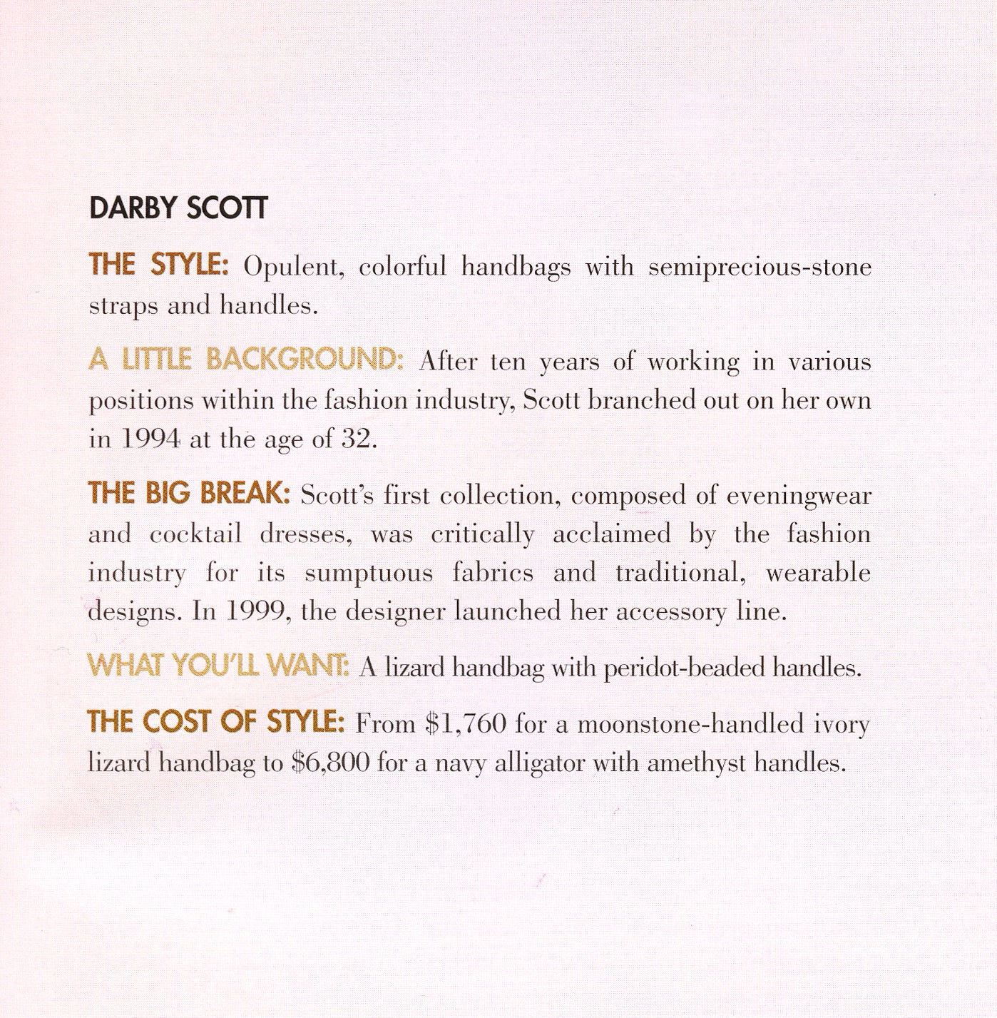 Text about Darby Scott's fashion brand on a light pink background
