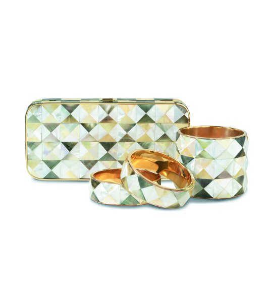 Harlequin mosaic mother of pearl minaudiere and bracelets - Darby Scott