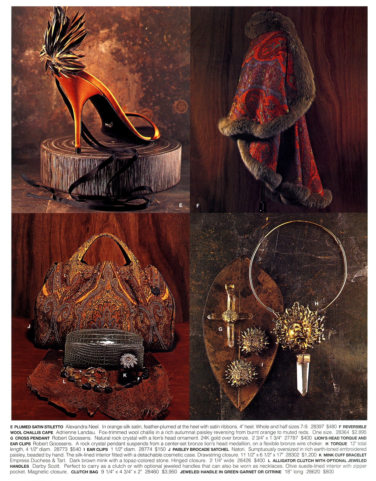Collage of high-end fashion items including a shoe, fur coat, Darby Scott handbag, and jewelry on a dark background as seen in Vivre Fall 2003 Magazine.
