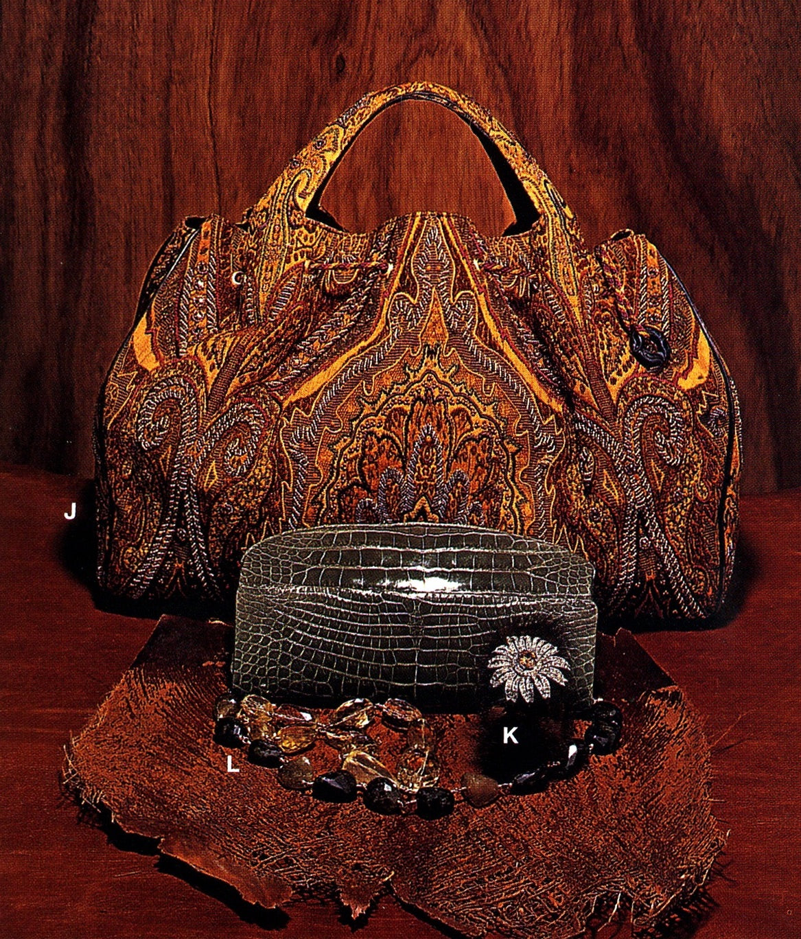 Paisley Tote and Brown Crocodile Darby Scott Clutch with Jeweled Handle as seen in Vivre Fall 2003 Magazine