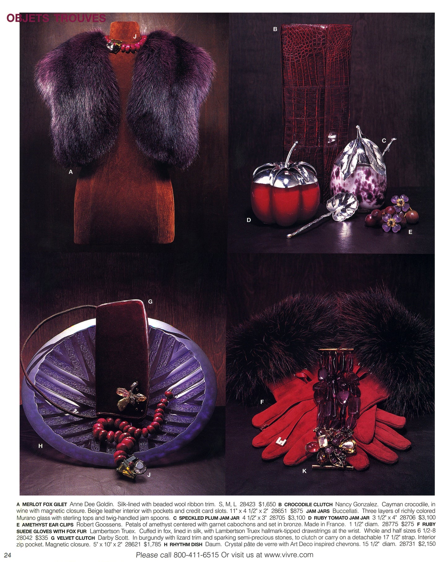 Vintage fashion accessories including a fur vest, gloves, and jewelry on a dark background in Vivre Magazine Fall 2003