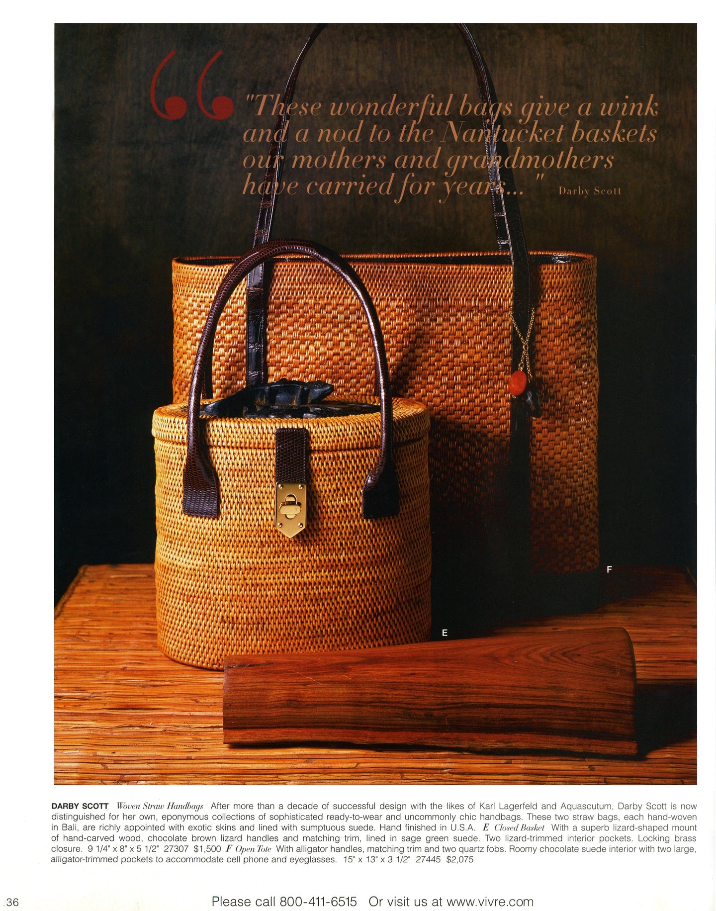 Woven handbags on a wooden surface with text about traditional baskets. Darby Scott