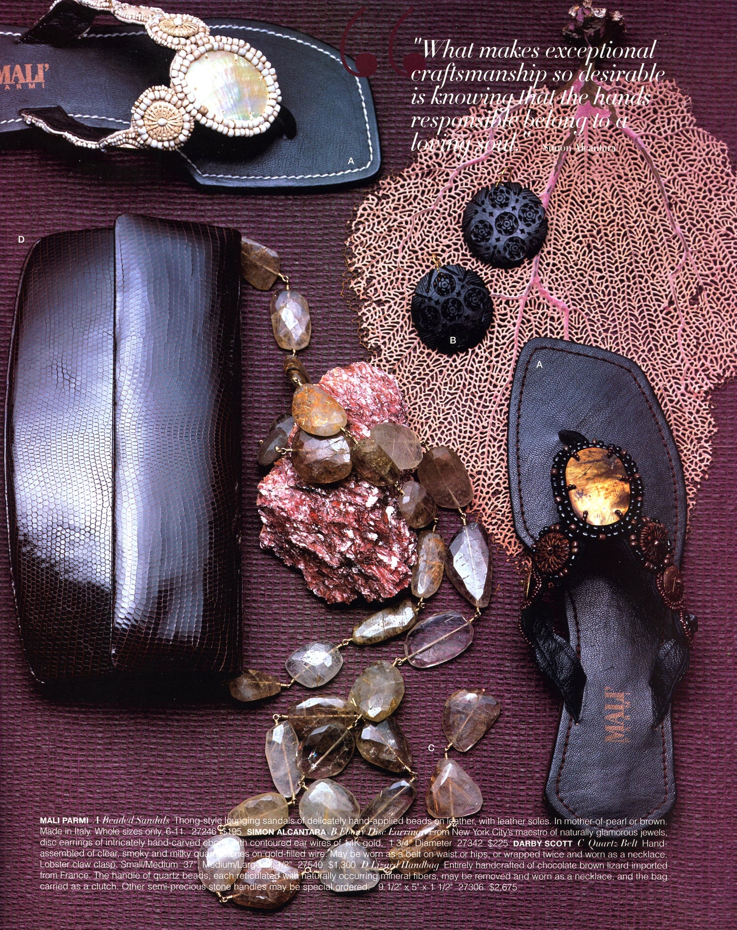 Darby Scott brown lizard handbag beside sandals with decorative elements on a textured surface