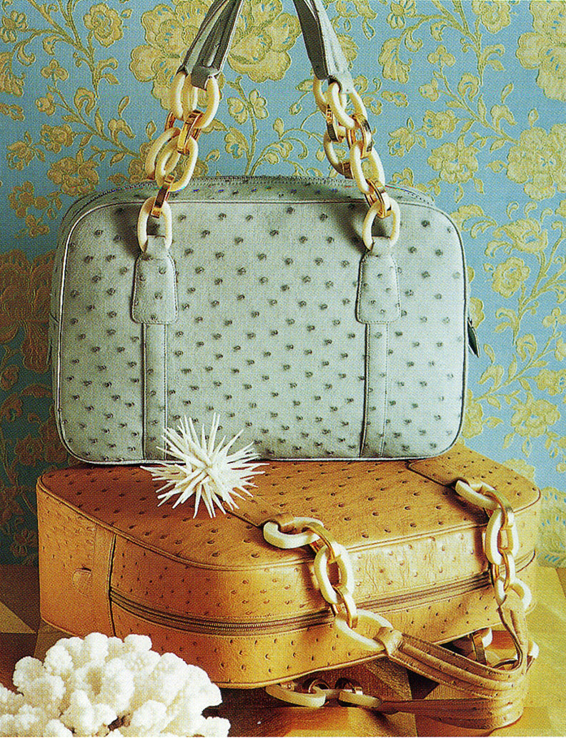 Green and Tan Ostrich Handbag with Bone Link Handles - Darby Scott
