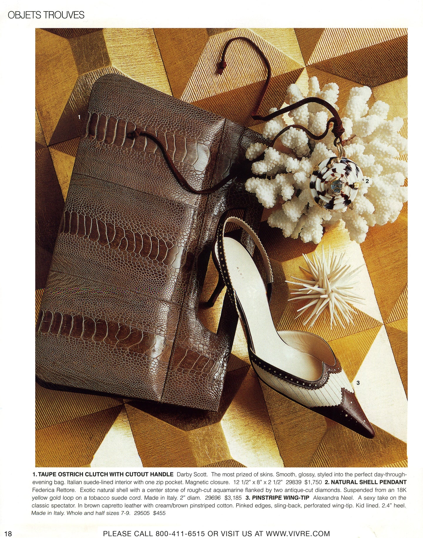 Darby Scott Brown osrich leg clutch with cutout handle and high-heeled shoe on a textured surface.