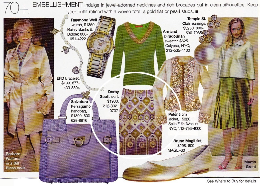 Fashion Picks by Harper's Bazaar include Darby Scott's Embroidered Brocade Skirt in Purple and Lime