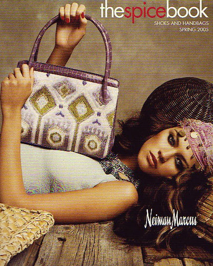 Model holding Brocade tote with alligator trim and handles - Darby Scott