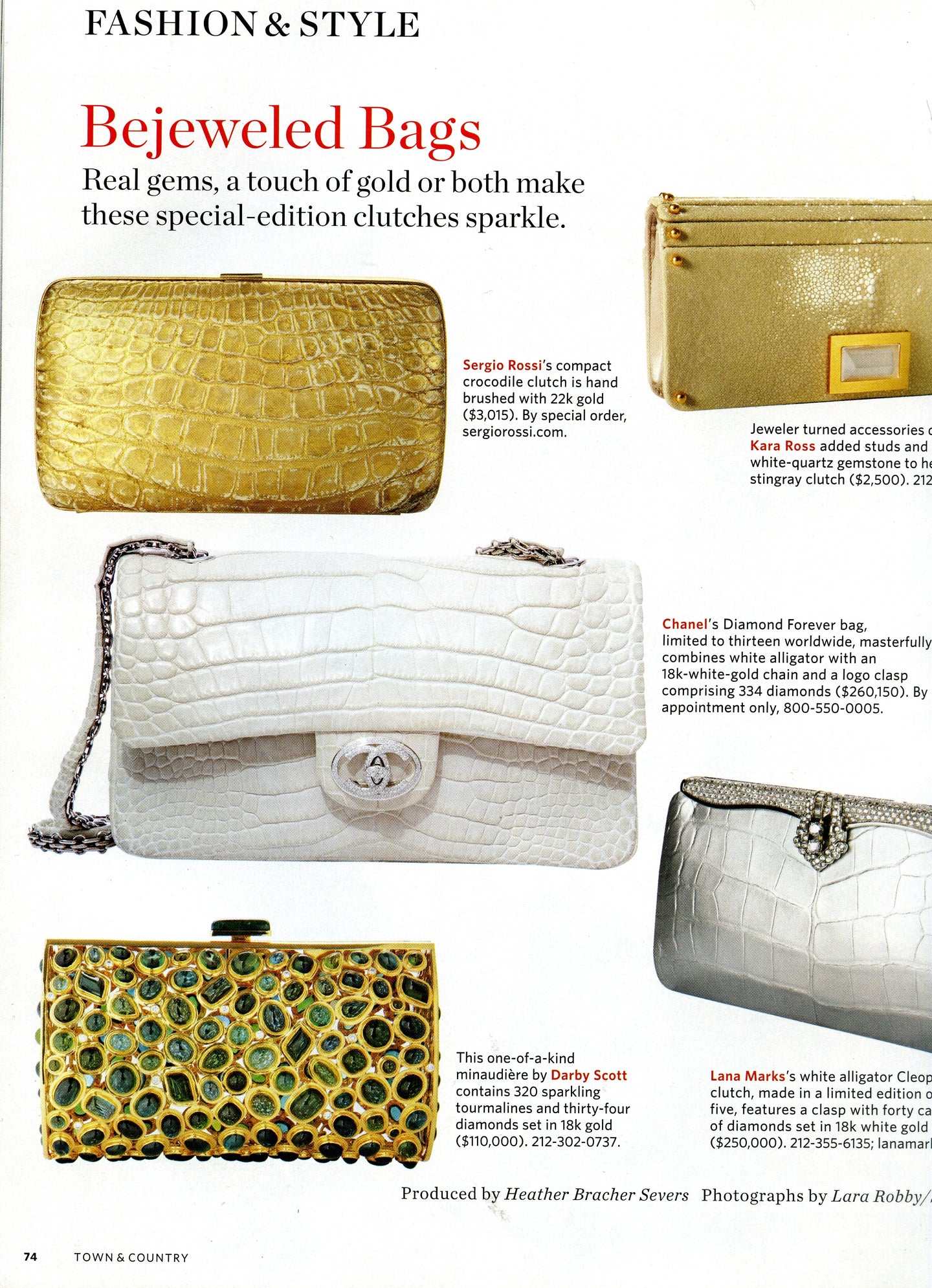 Town & Country Magazine article about bejeweled bags including Darby Scott's one of a kind Tourmaline & Diamond Minaudière