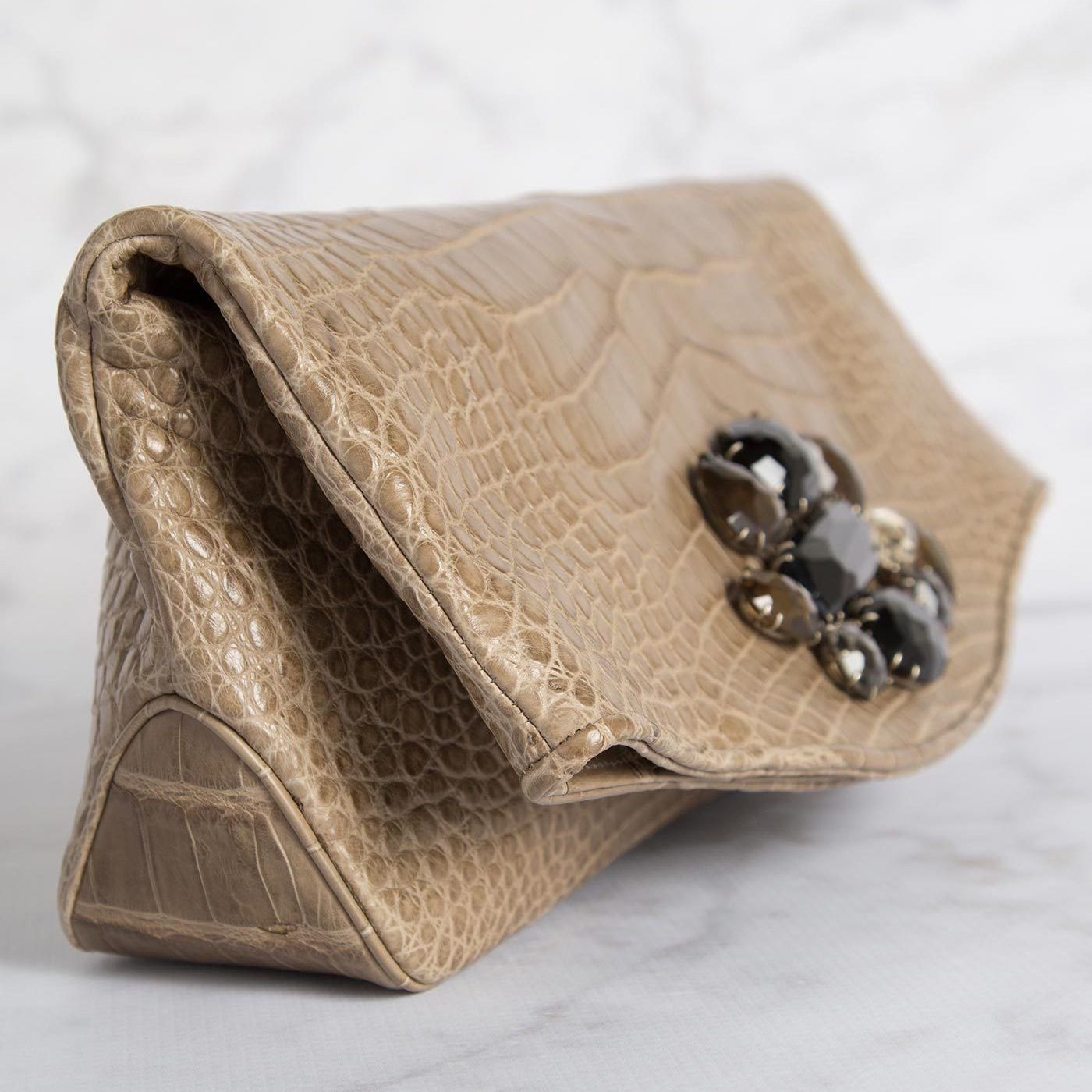 Alligator Foldover Clutch with Smokey Topaz Jeweled Accent - Darby Scott