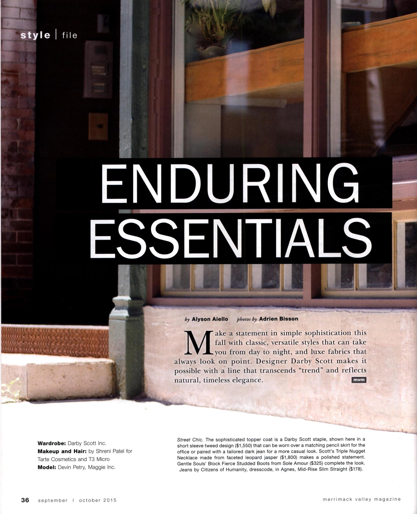 Merrimack Valley Magazine page with 'Enduring Essentials' text overlay on a blurred interior background