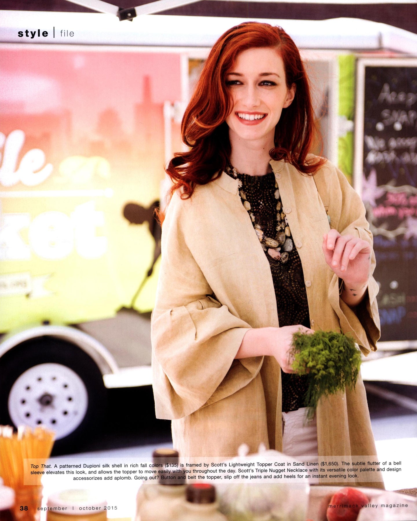 Woman at farmer's market wearing Darby Scott Apparel and Jewelry