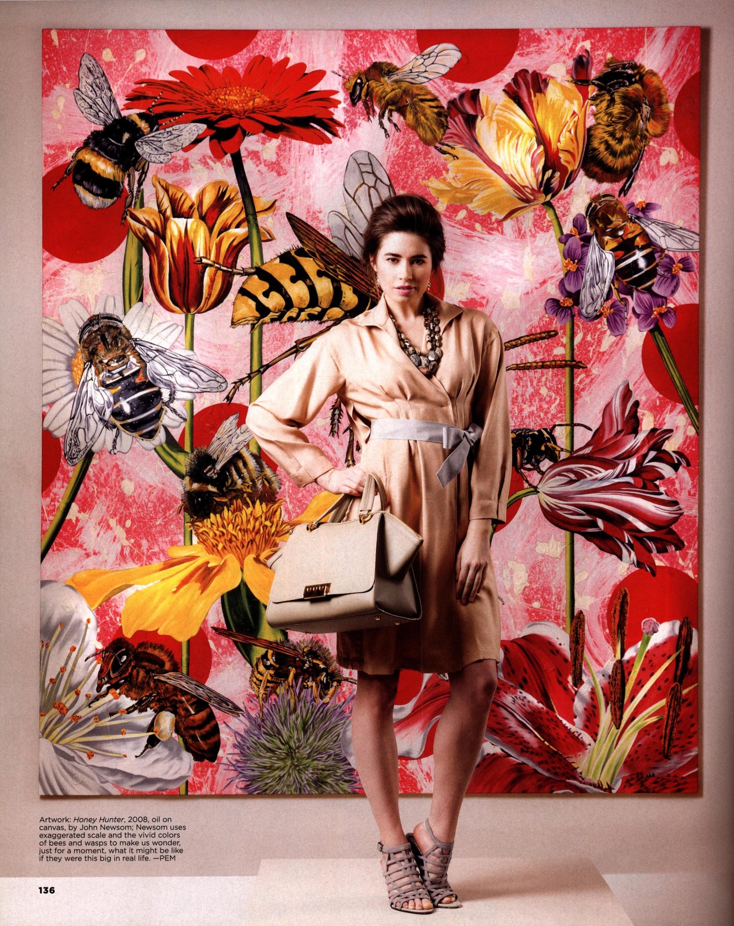 Model wearing a peach coat dress by Darby Scott in front artwork by John Newsom, 'Honey Hunter' Oil on Canvas 2008