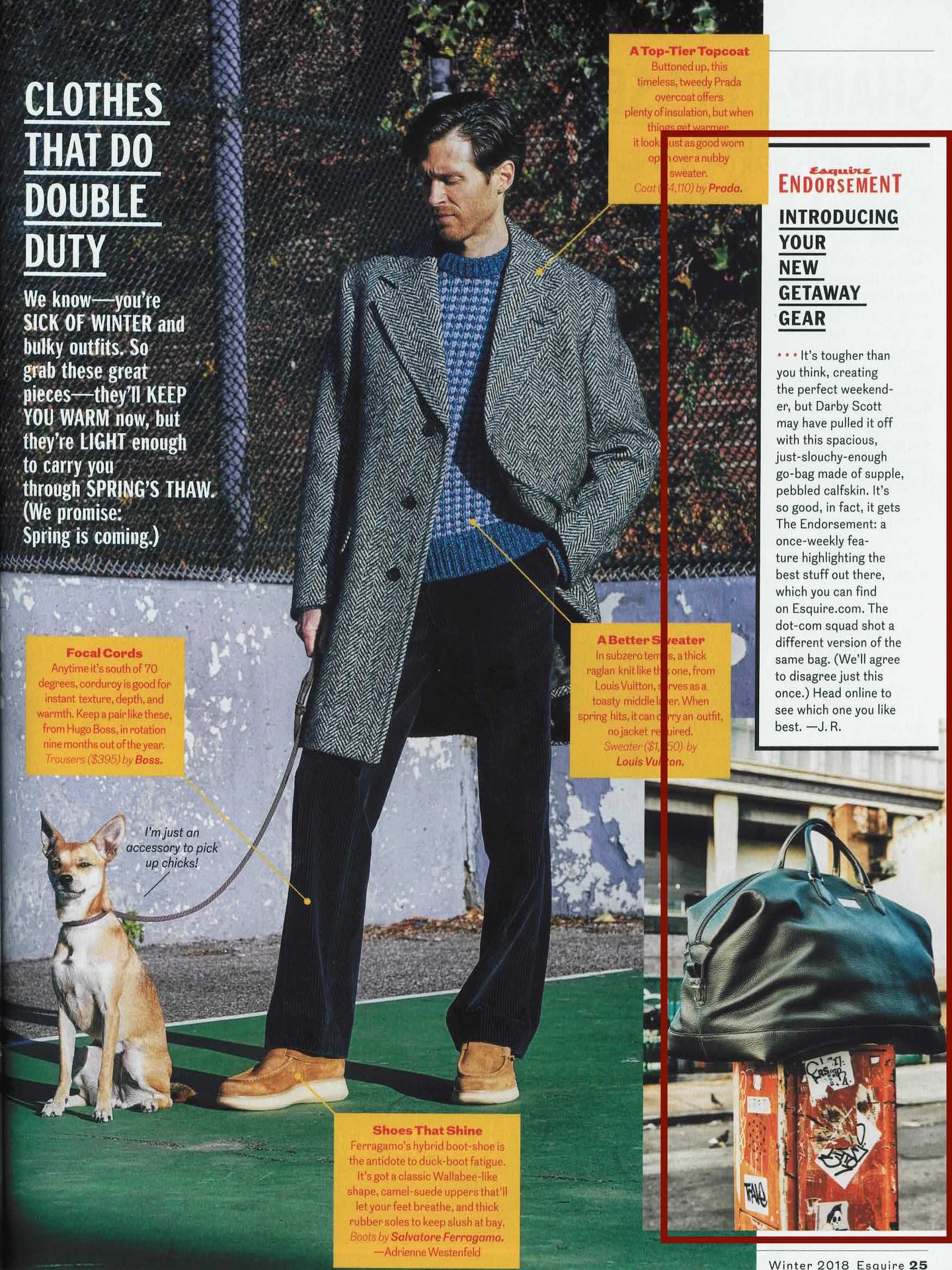 Man in a coat with a dog, surrounded by text and product images, including Darby Scott's Aspen Travel Bag