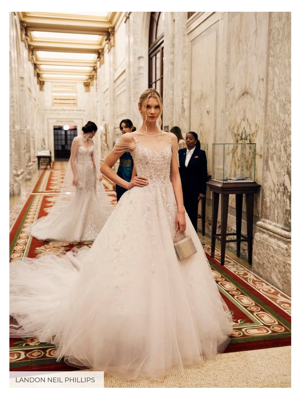 Models dressed in Ines Di Santo bridal gowns, De Beers jewelry and carrying Darby Scott Handbags - Photo Credit Landon Neil Phillips