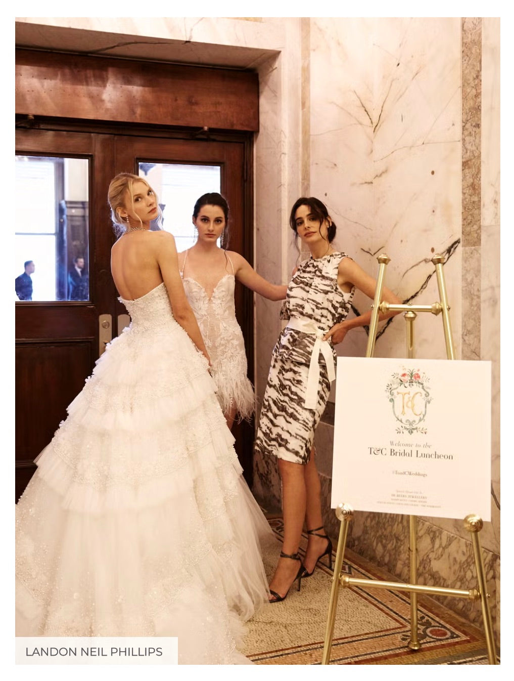 Models dressed in Ines Di Santo bridal gowns, and Darby Scott ready-to-wear, Entering the Edwardian Room - Photo Credit Landon Neil Phillips