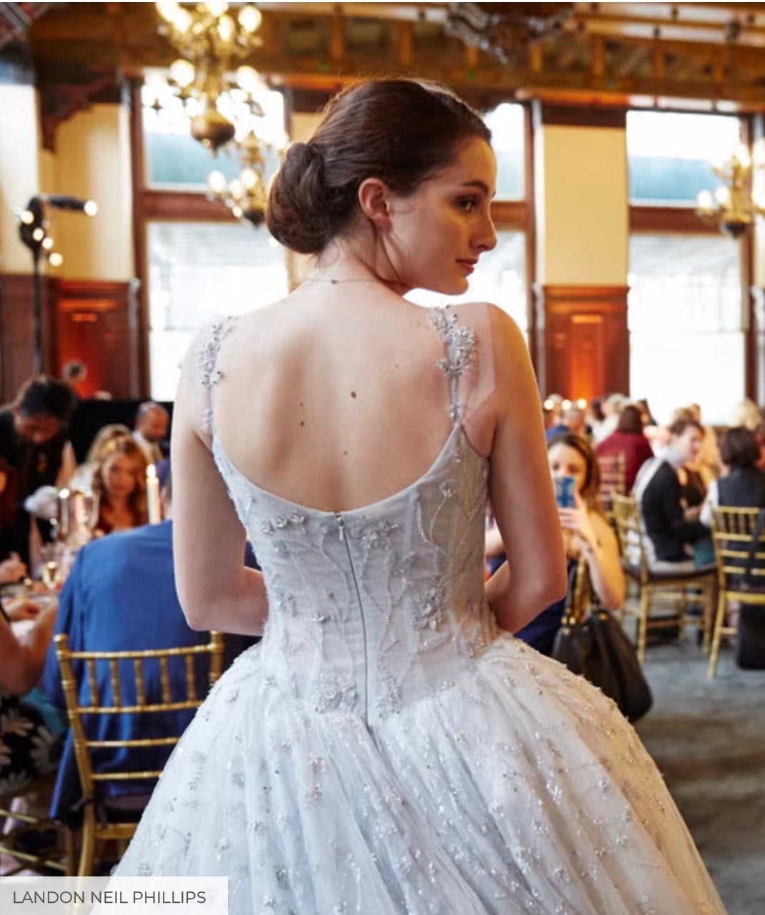 A model showcases the back of her Ines di Santo gown - Photo Credit Landon Neil Phillips
