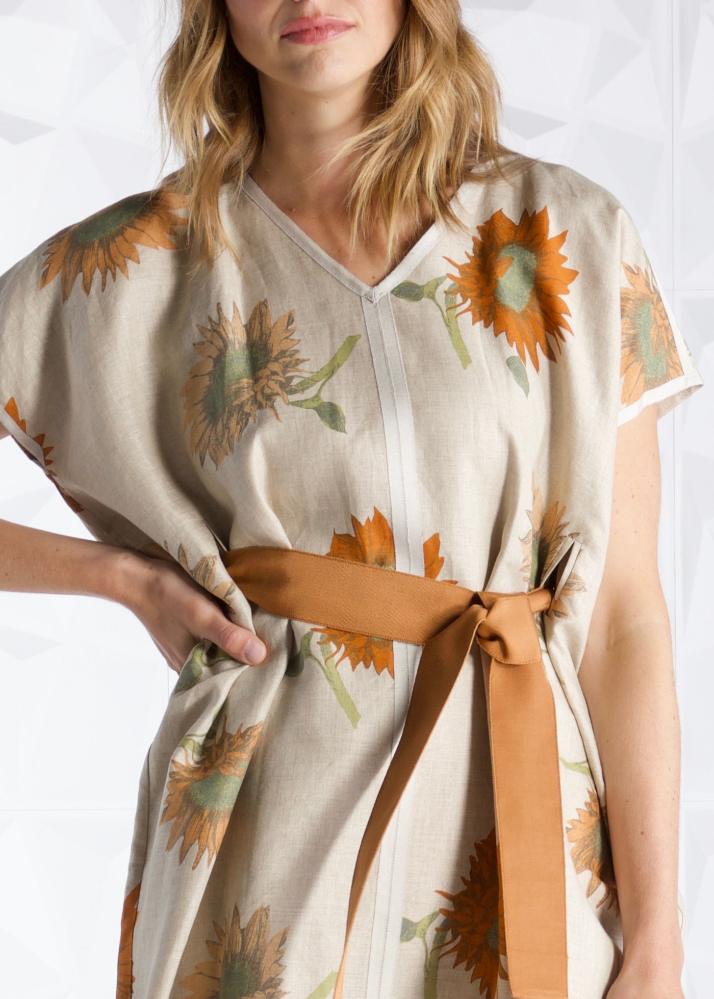 Terracotta ribbon belt on sunflower caftan dress - Darby Scott