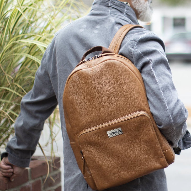 Cognac Leather Backpack on man  - Darby Scott
