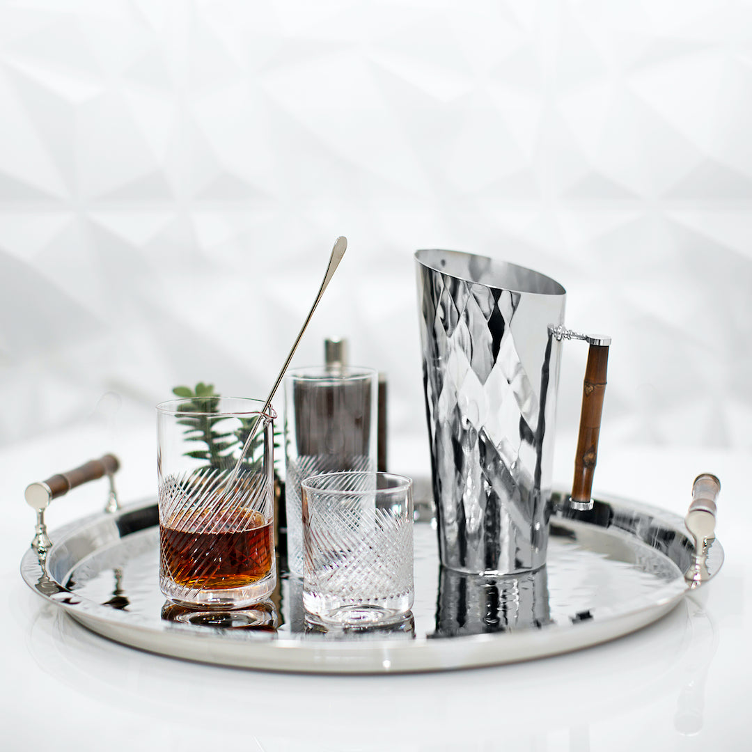 Tray with pitcher, flask, mixing glass and highball glass