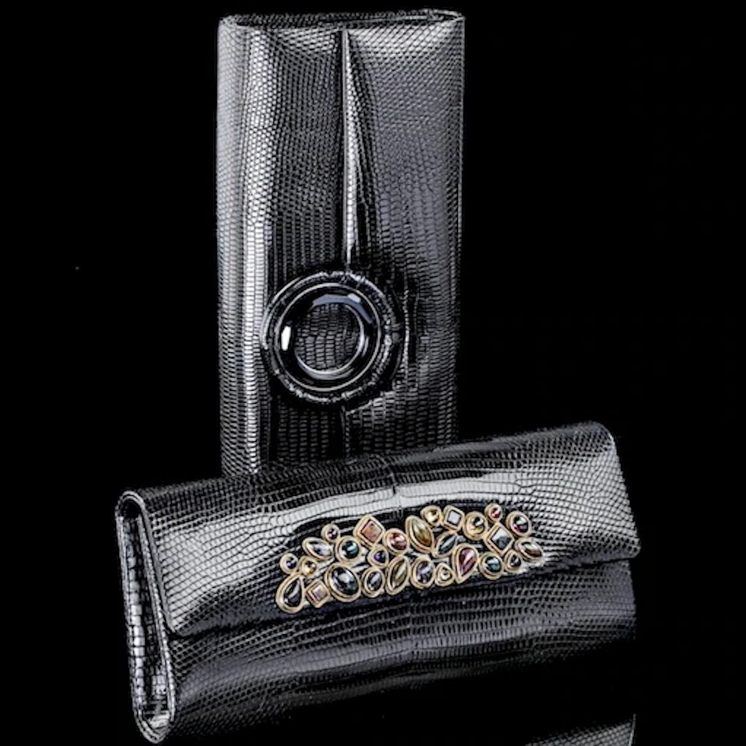 Long Clutches in Black Lizard with gemstone details - Darby Scott