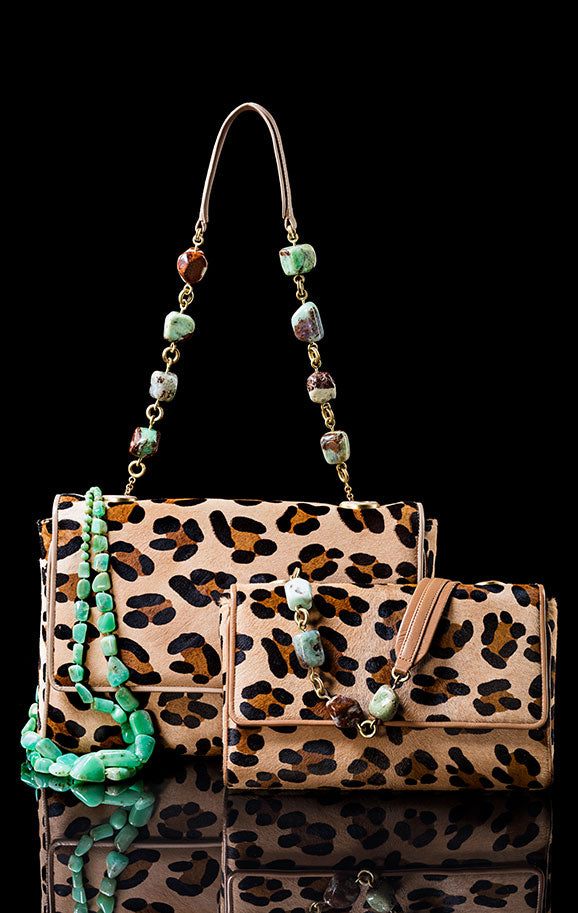 Leopard print haircalf shoulder bags with chrysoprase necklace and handles