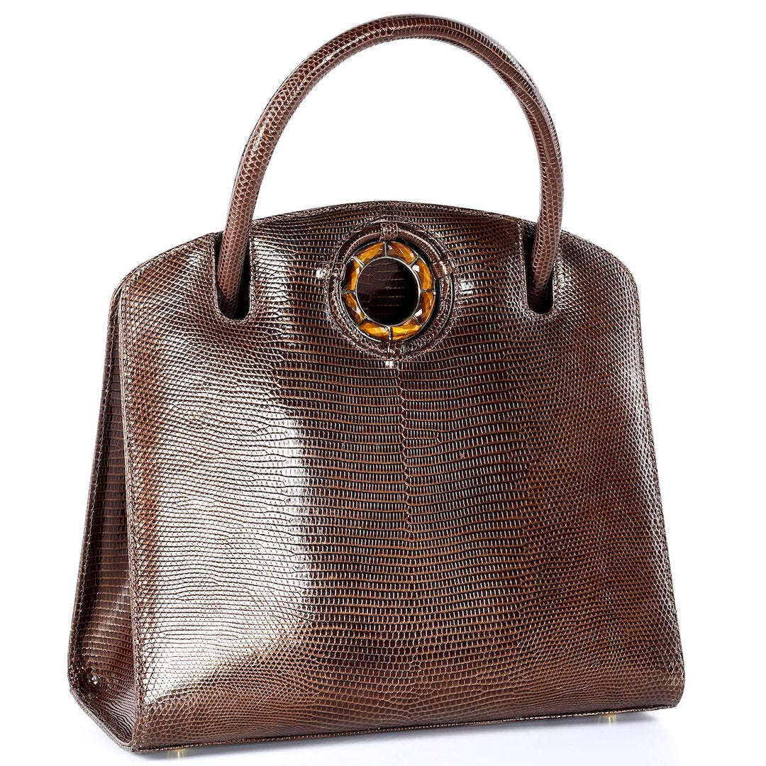 Exotic lizard Annette top handle tote in brown with tiger eye grommet side - Darby Scott