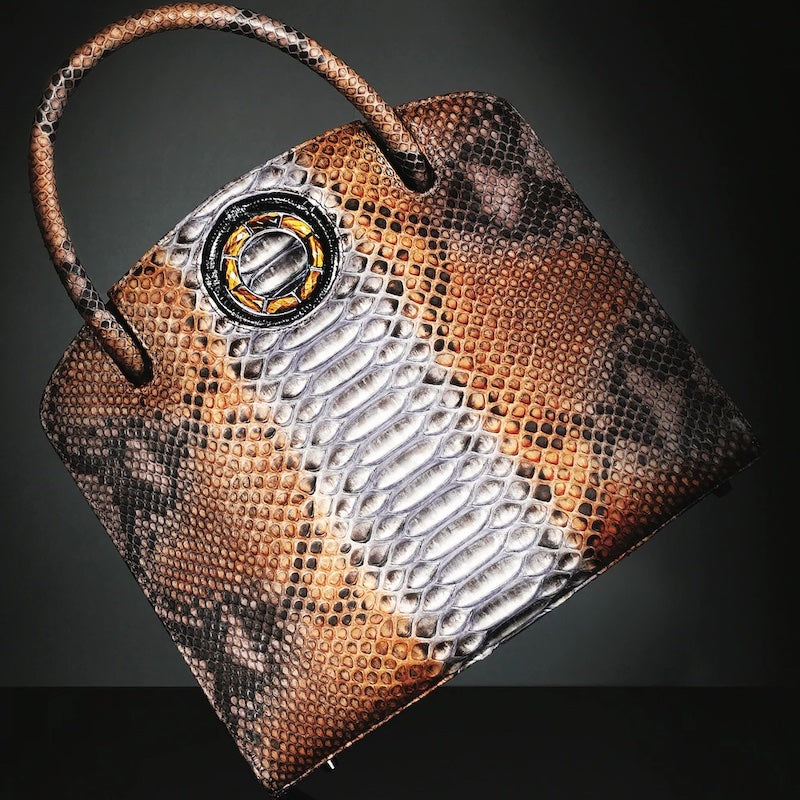 Cognac Python Annette Top Handle Bag with Tiger Eye Grommet - Darby Scott