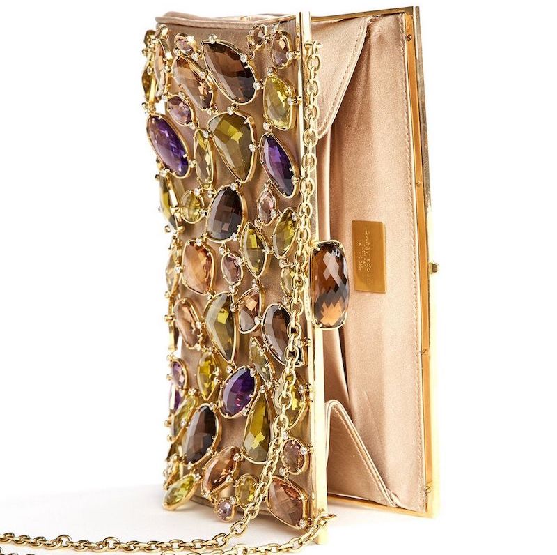 Gemstones & Diamonds in 18K Gold encase a satin minaudière by Darby Scott