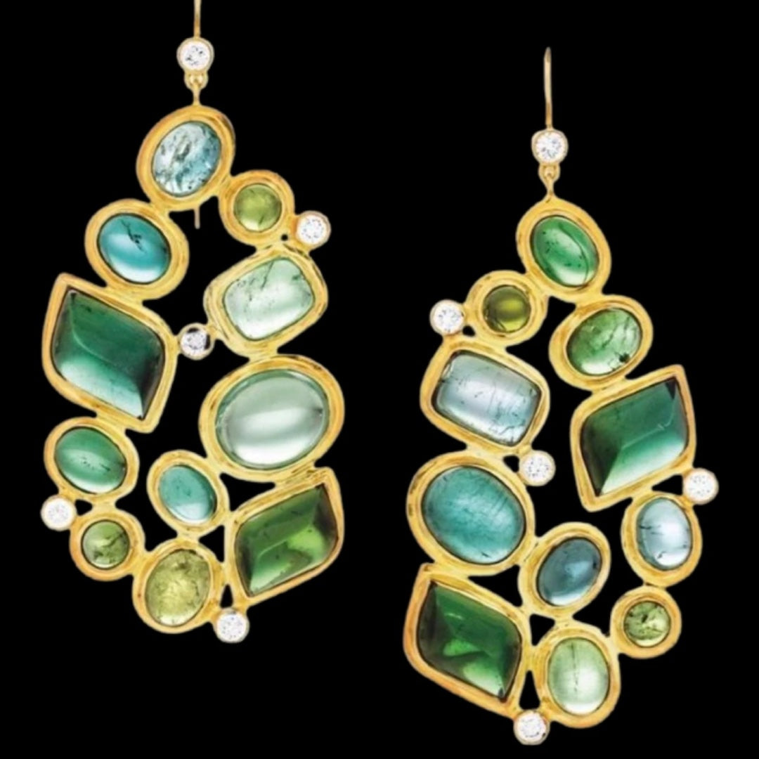 Tourmaline & Diamond Large Statement Mosaic Earrings in 18K yellow gold - Darby Scott