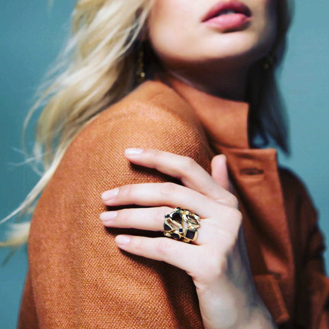 Smokey Topaz & Iolite Mosaic Statement Ring on Model - Darby Scott