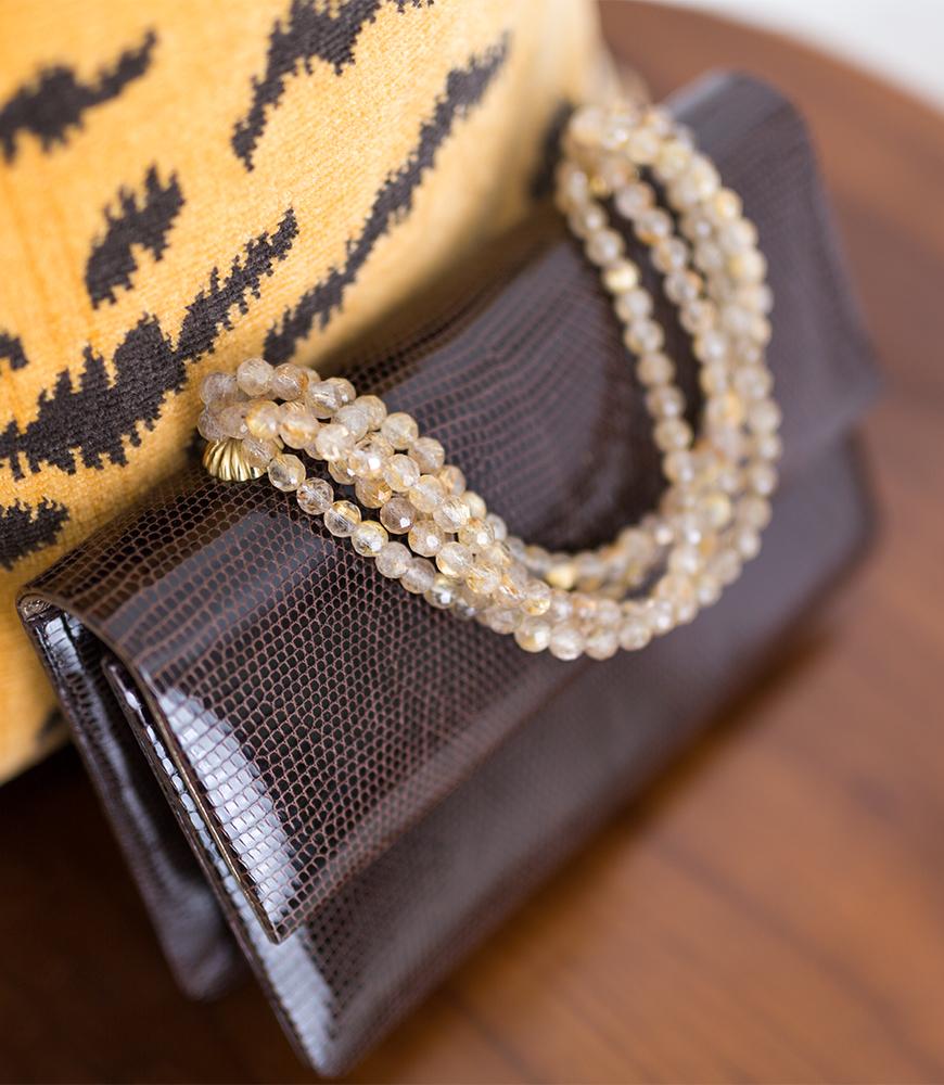 Iconic bag in Brown Lizard with gemstone handle by Darby Scott