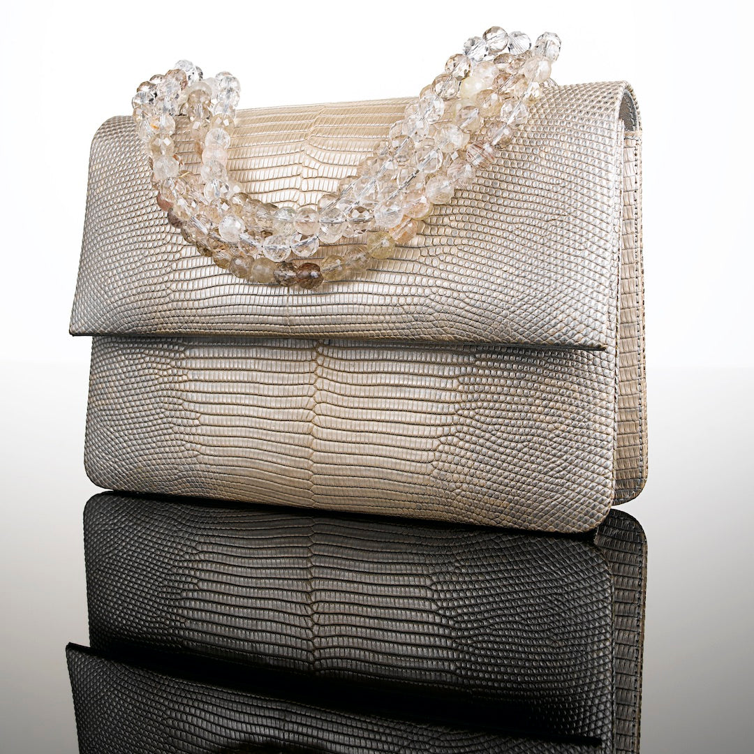 Gold wash lizard iconic handbag with gold rutilated quartz handle