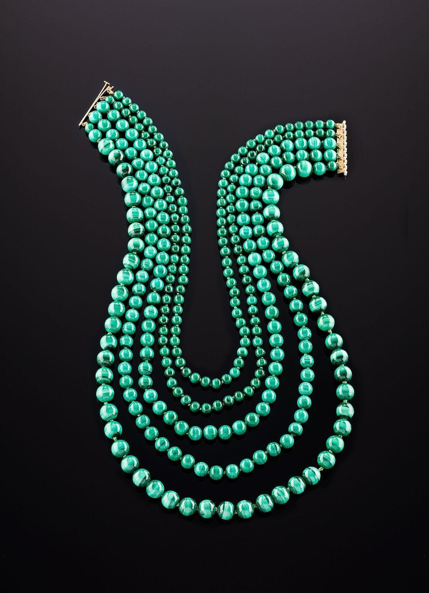 Malachite multi-strand necklace with 18K yellow Gold bar clasp - Darby Scott