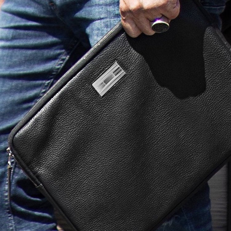 Black pebble leather laptop case with sterling silver monogram plate - Darby Scott