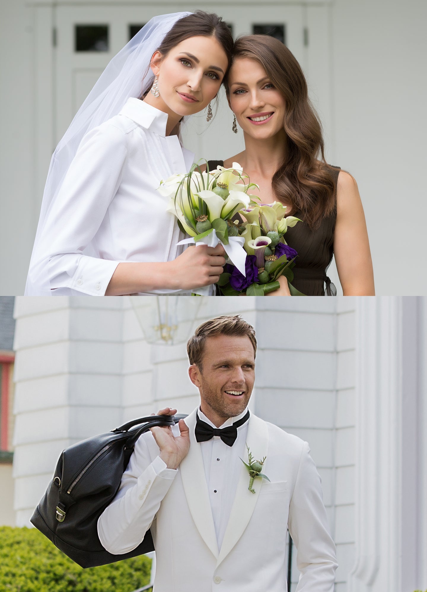 Model with Aspen Duffle Bag. Bride & Bridesmaid wearing Mosaic earrings by Darby Scott