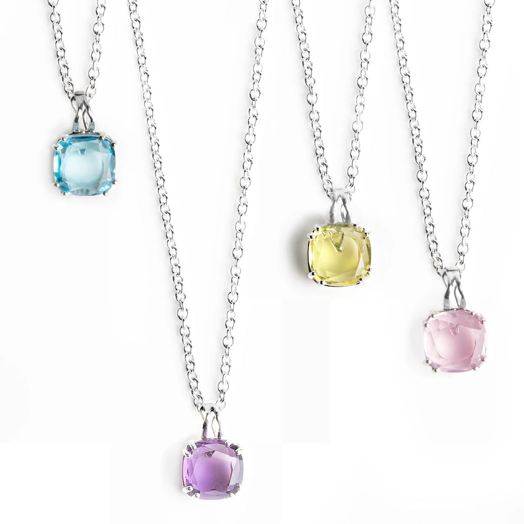 Faceted Cushion Cut Gemstones Pendants in Blue Topaz, Amethyst, Citrine and Pink Quartz - Darby Scott