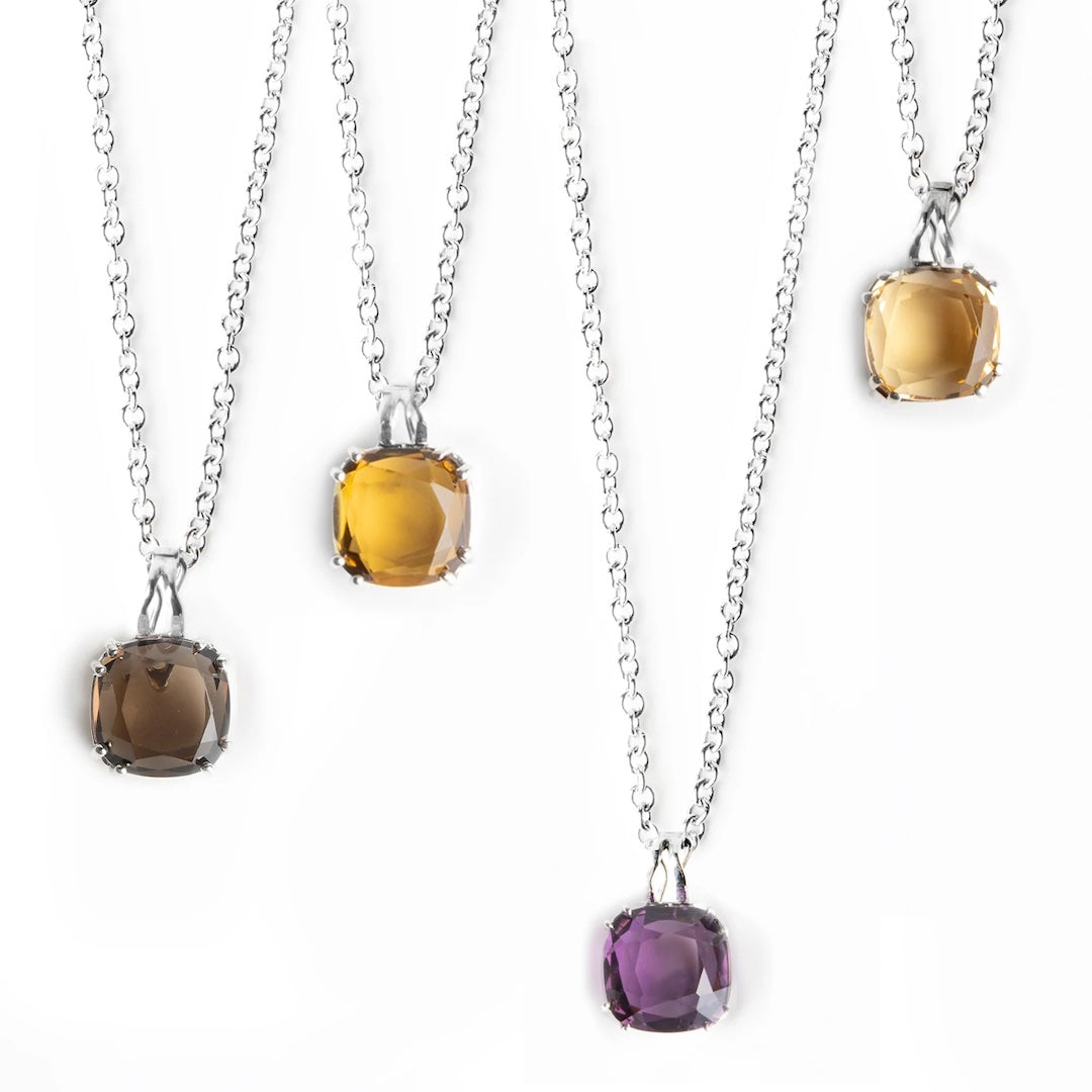 Cushion Cut Gemstone Necklaces in Smokey Topaz, Orange Citrine, Amethyst and Citrine - Darby Scott