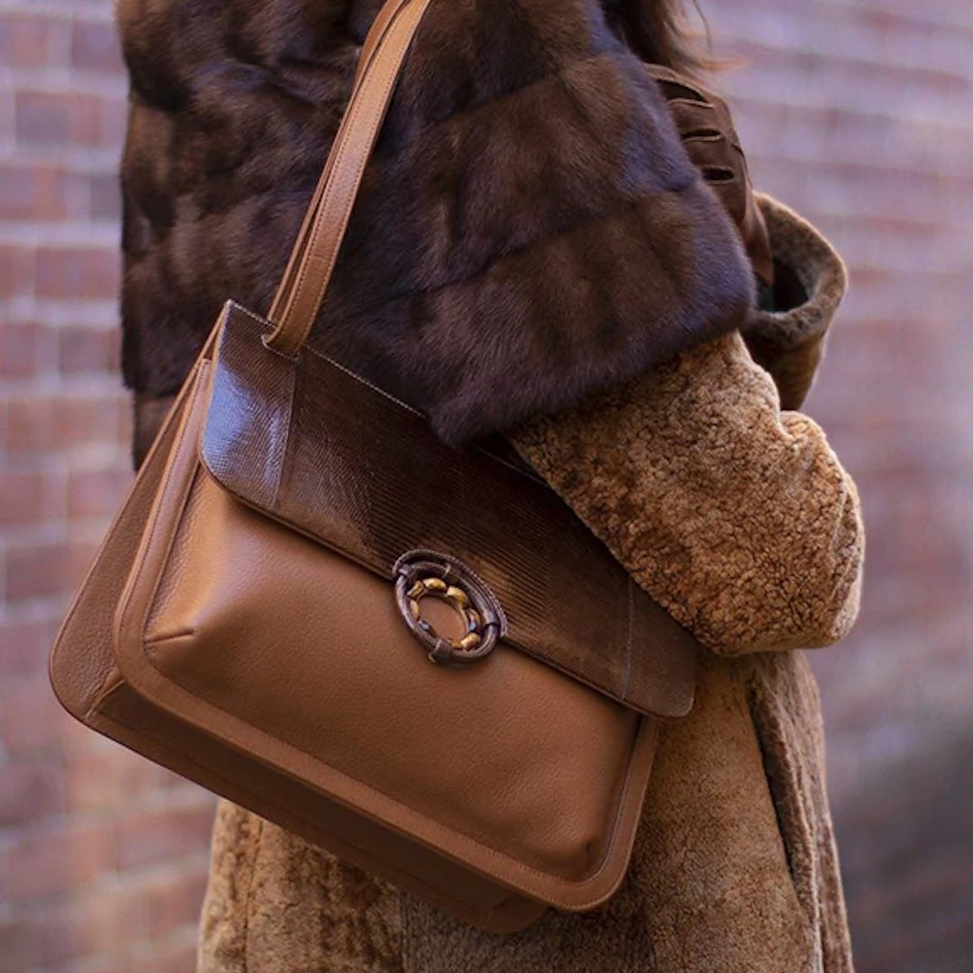 Cognac Leather with Brown Lizard Trim Grommet Saddle Bag - Darby Scott