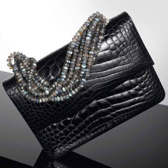 Navy Crocodile Iconic Handbag with Labradorite Jeweled Handle by Darby Scott