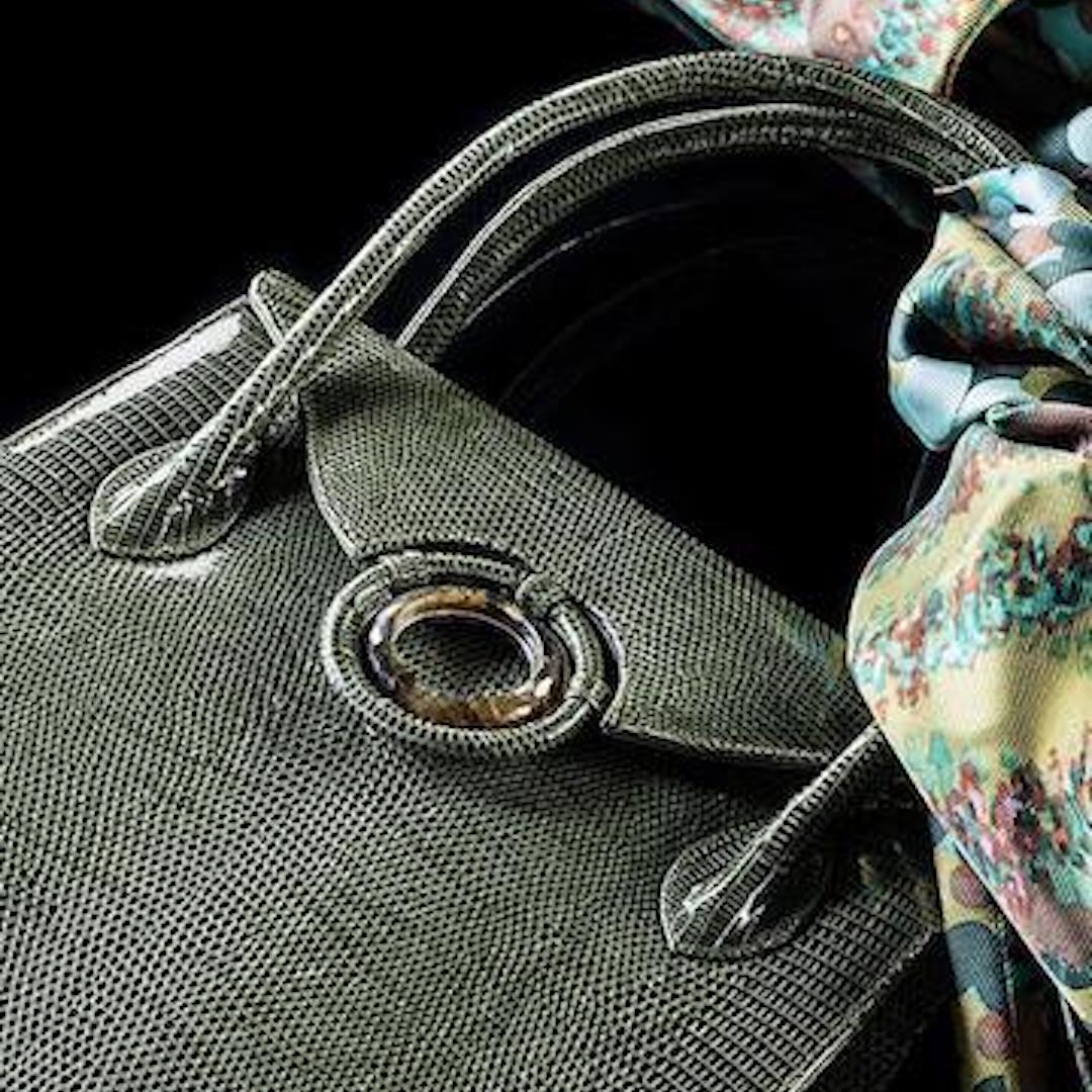 Green Lizard Thompson Tote with Labradorite Gemstone Grommet - Darby Scott