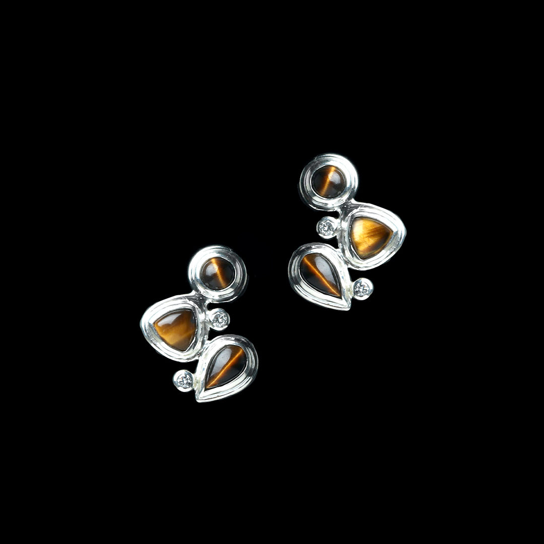 Tiger Eye 3 Stone Mosaic Post Back Sterling Earring - Darby Scott
