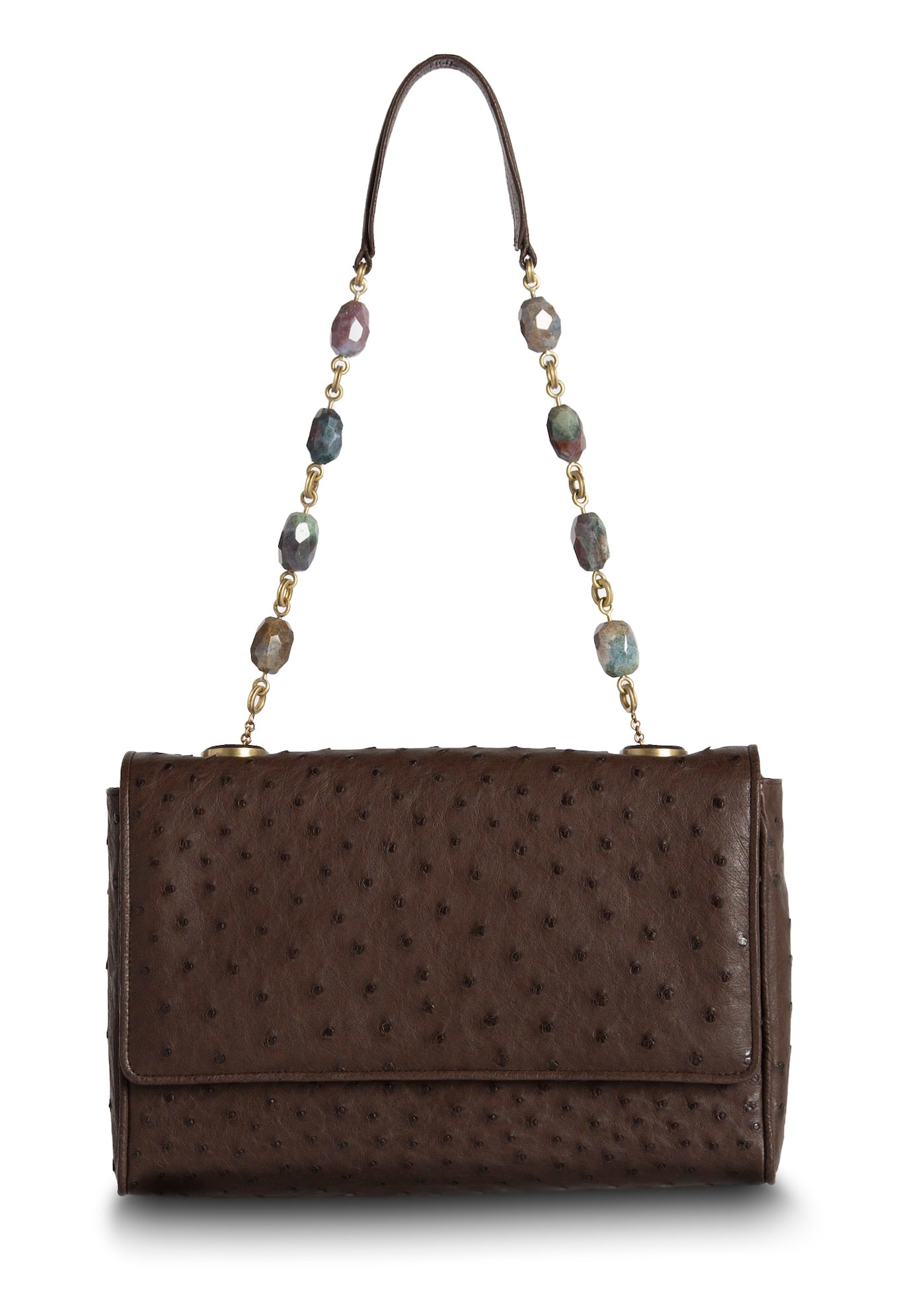Brown Ostrich Chain & Jewel Shoulder Bag, Front View - Darby Scott