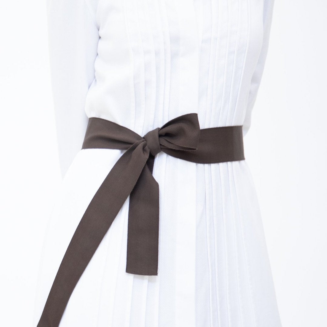 Wide Grosgrain Ribbon Belt in Chocolate on Model - Darby Scott