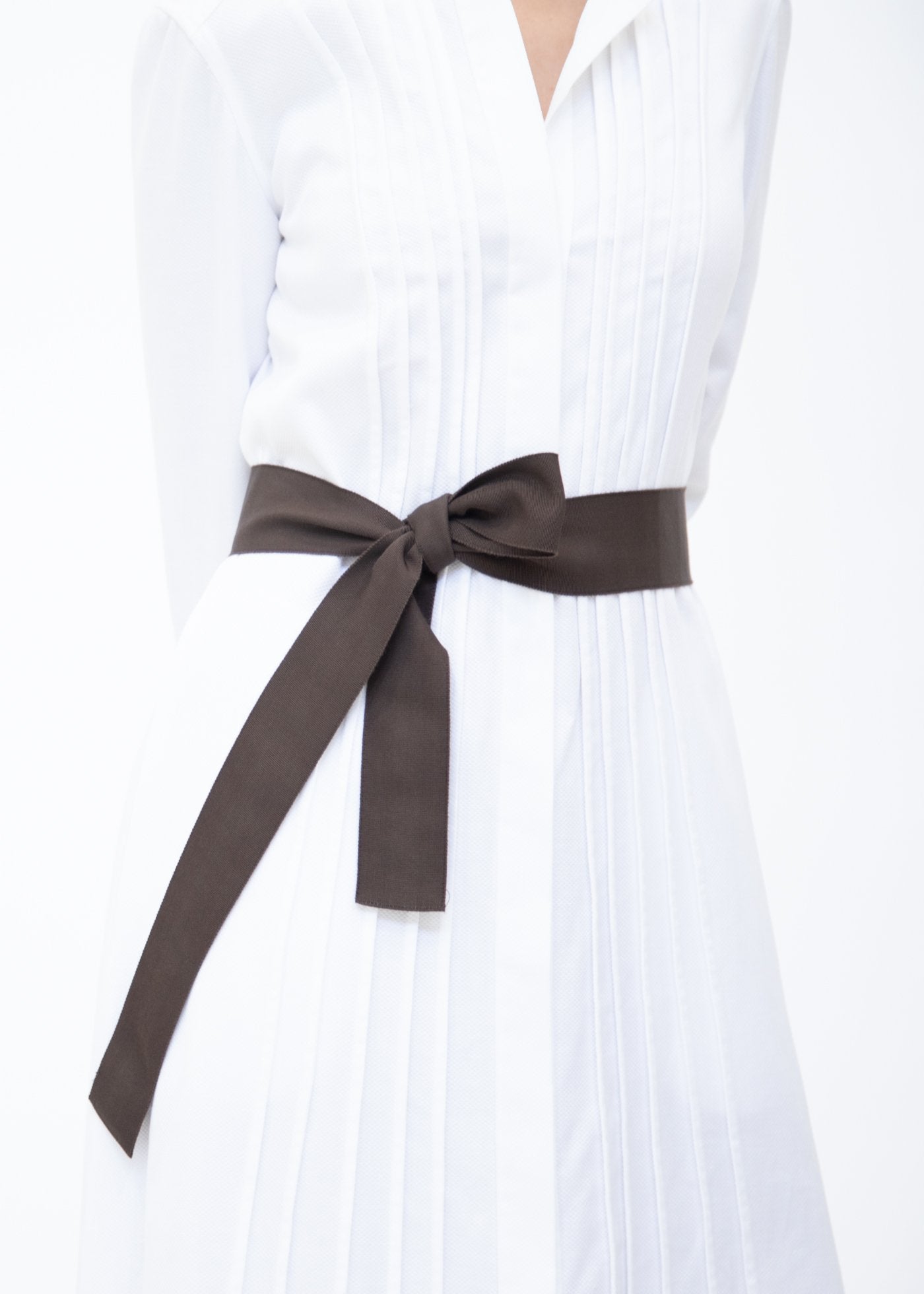 Wide Grosgrain Ribbon Belt in Chocolate on Model - Darby Scott