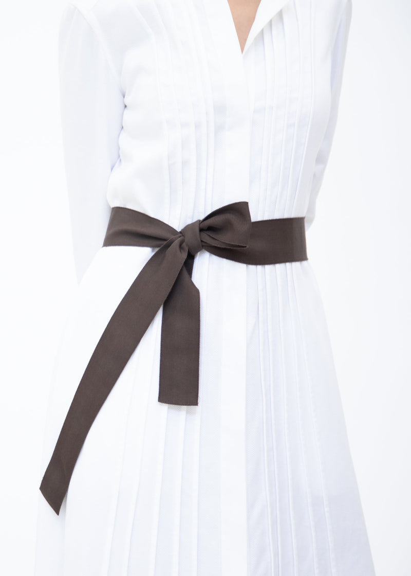 Wide Grosgrain Ribbon Belt in Chocolate on Model - Darby Scott 