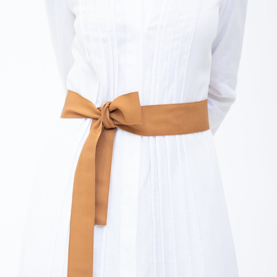 Wide Grosgrain Ribbon Belt in Dark Terracotta on Model - Darby Scott