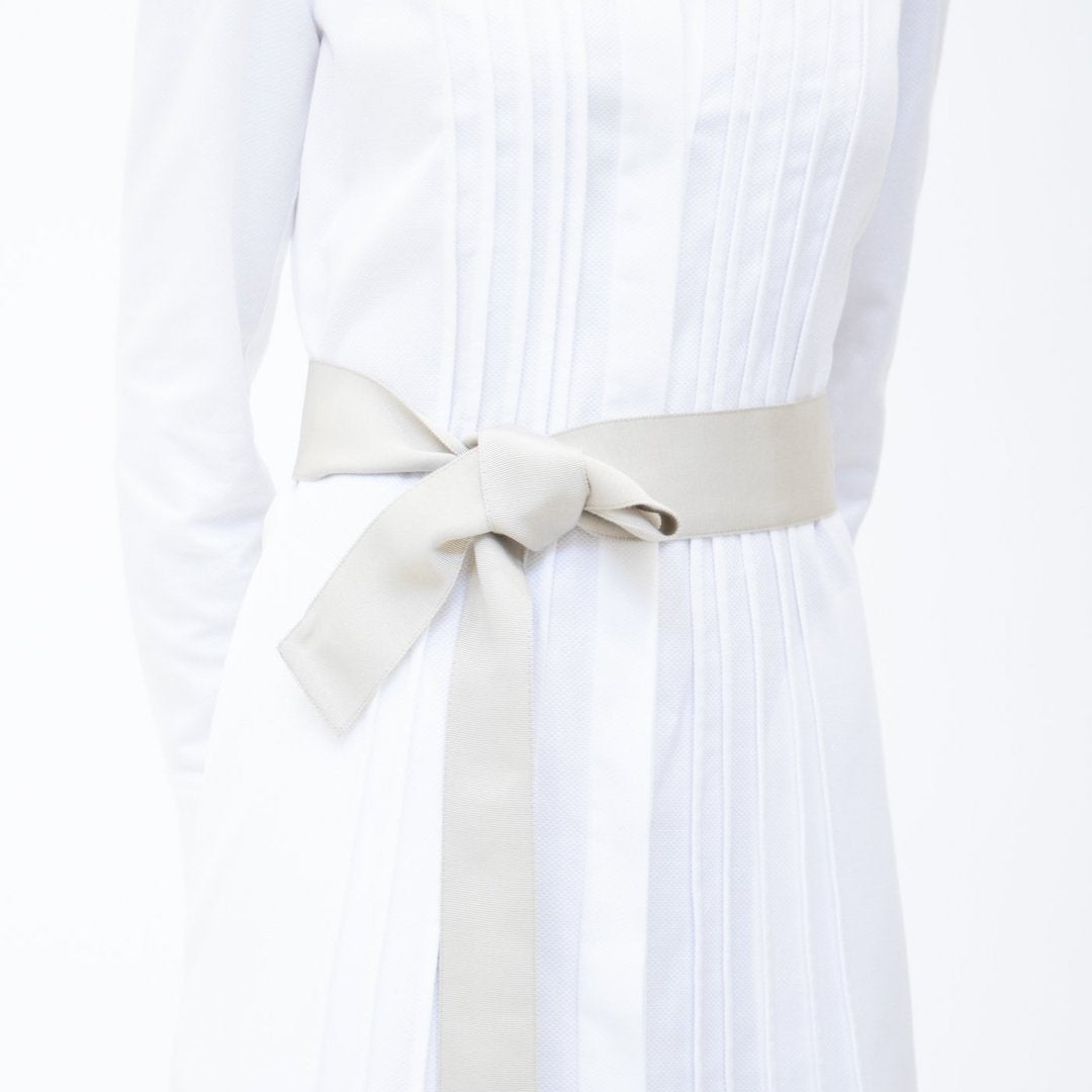 Wide Grosgrain Ribbon Belt in Pale Taupe on Model - Darby Scott