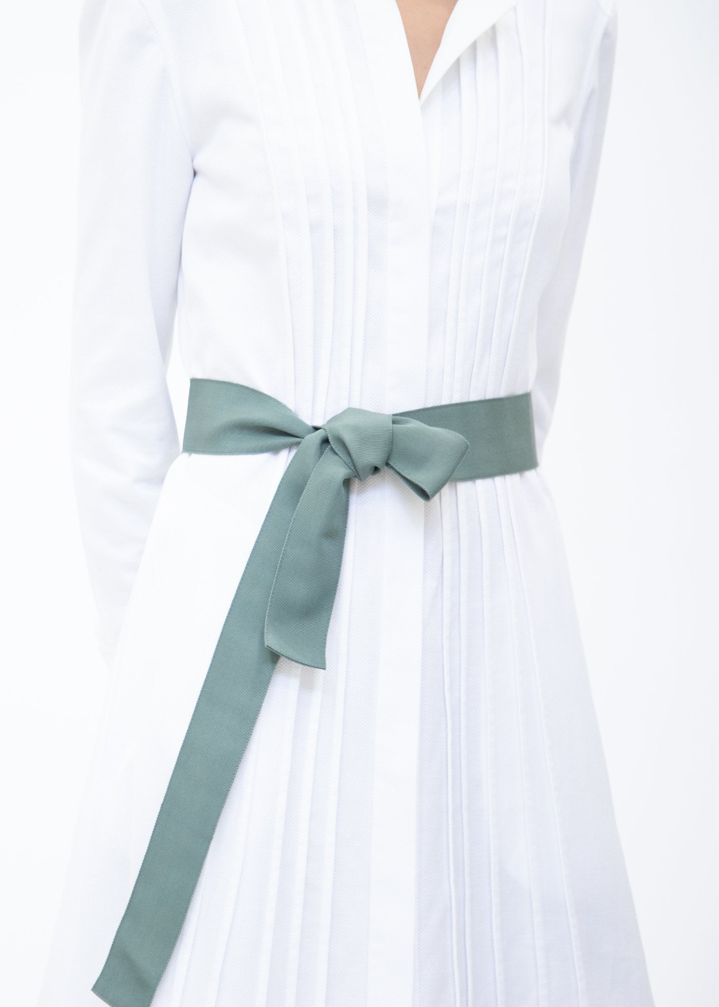 Wide Grosgrain Ribbon Belt in Sage Green on Model - Darby Scott