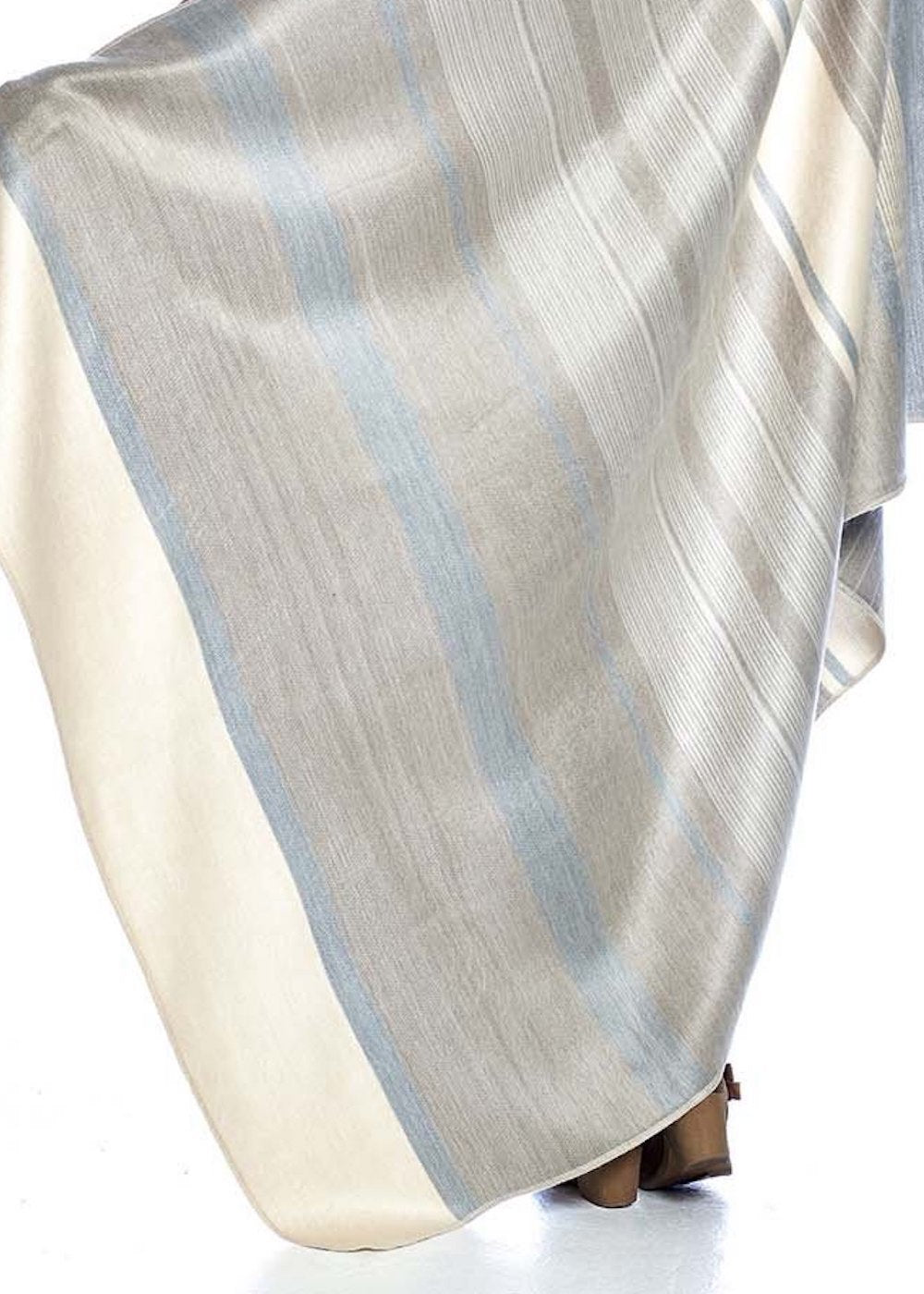 Pale grey, pastel blue and cream striped alpaca throw
