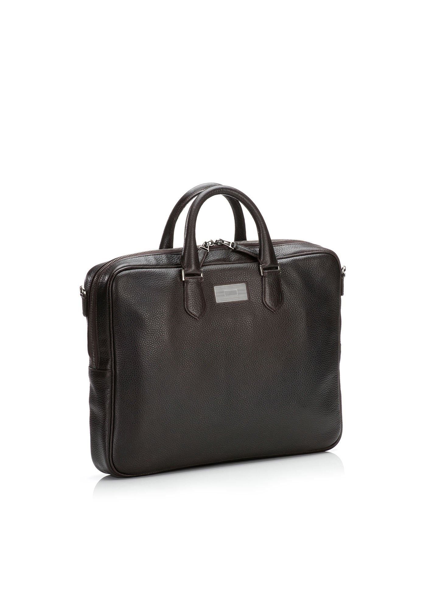 Angled View of Brown Leather Monogram Stratton Attache - Darby Scott